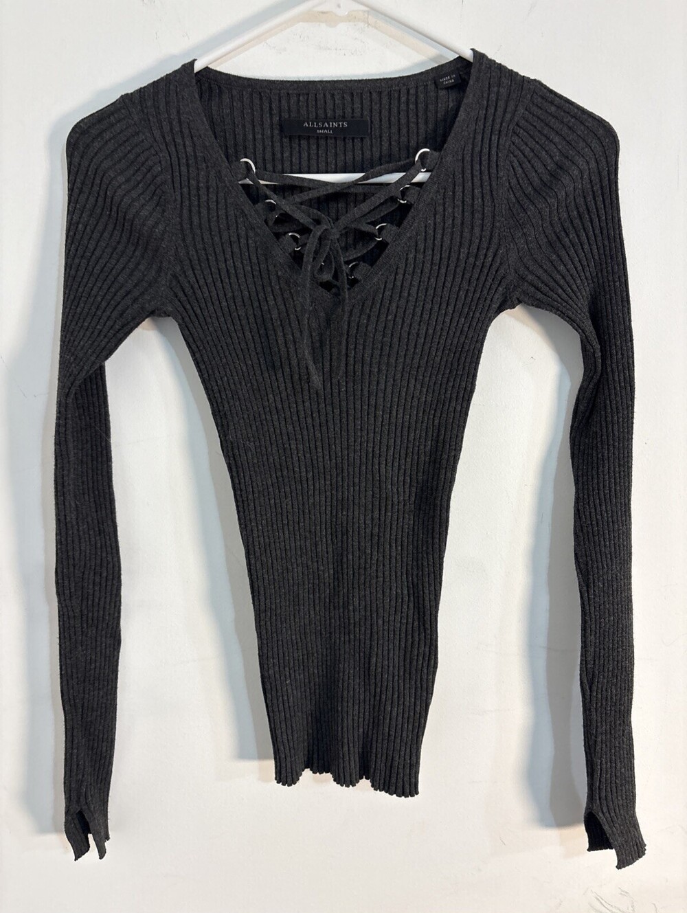Allsaints Tamsin Jumper Top Gray Lace Up Rib Knit Size S Stretch Long Sleeve
